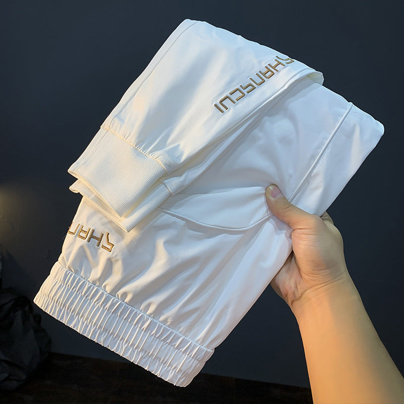 White Ice Silk Embroidery Ultra-thin Cool Feeling Ankle-length Sports Pants