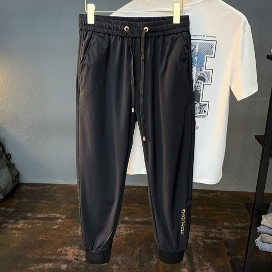 White Ice Silk Embroidery Ultra-thin Cool Feeling Ankle-length Sports Pants