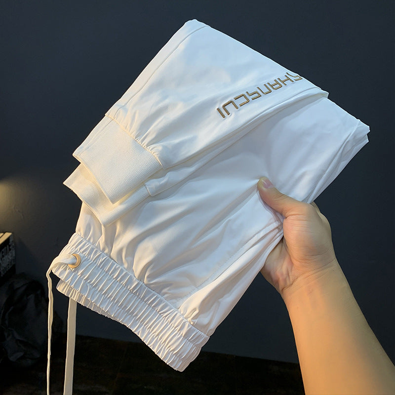 White Ice Silk Embroidery Ultra-thin Cool Feeling Ankle-length Sports Pants