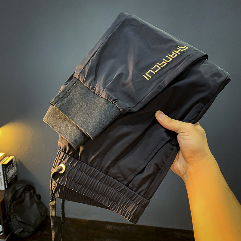 White Ice Silk Embroidery Ultra-thin Cool Feeling Ankle-length Sports Pants