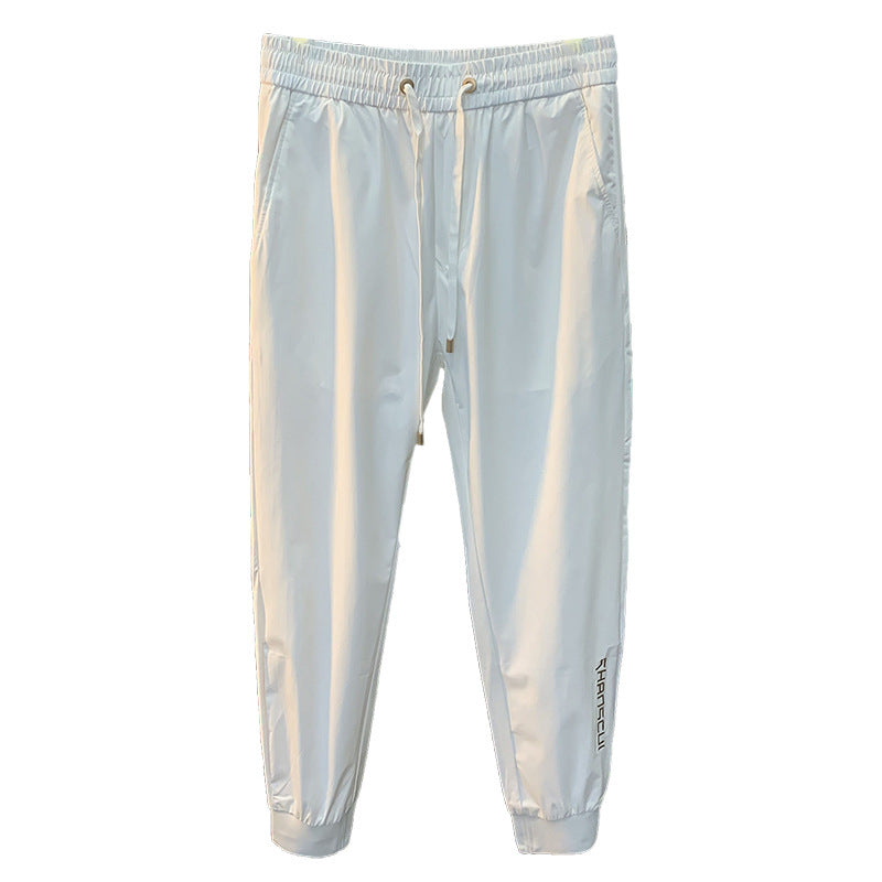 White Ice Silk Embroidery Ultra-thin Cool Feeling Ankle-length Sports Pants
